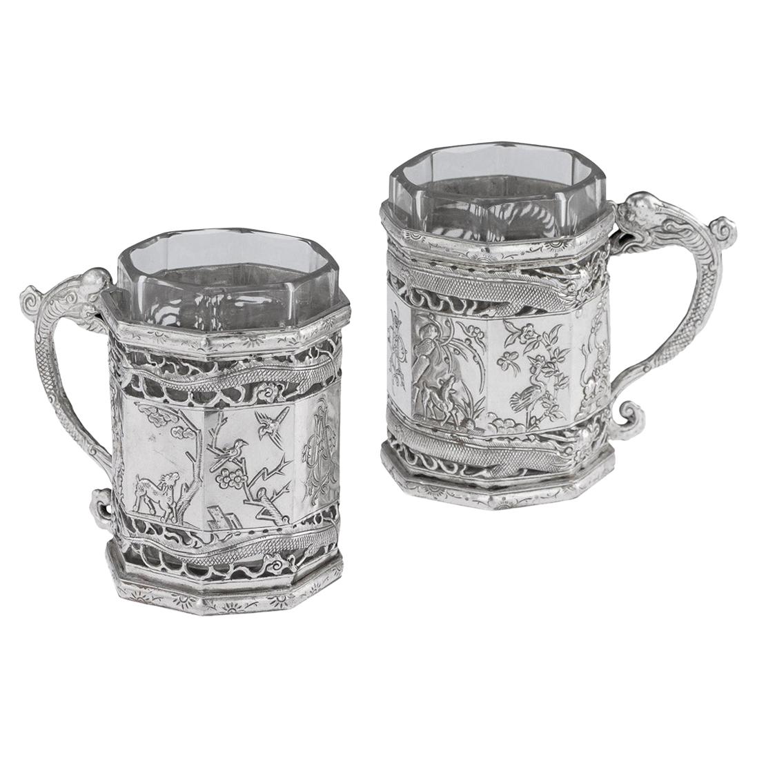 19th Century Chinese Export Solid Silver Tea Glass Holders, Canton, circa 1880 For Sale