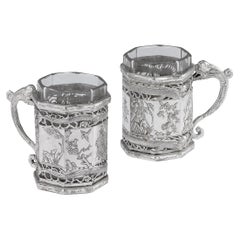 Antique 19th Century Chinese Export Solid Silver Tea Glass Holders, Canton, circa 1880