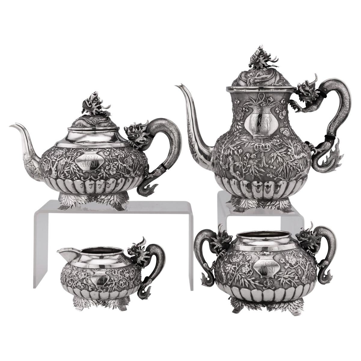 19th Century Chinese Export Solid Silver Tea Set, Woshing, Shanghai, c.1890