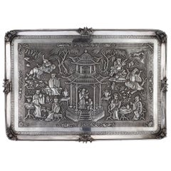 Antique 19th Century Chinese Export Solid Silver Wall Plaque, Wang Hing, circa 1870