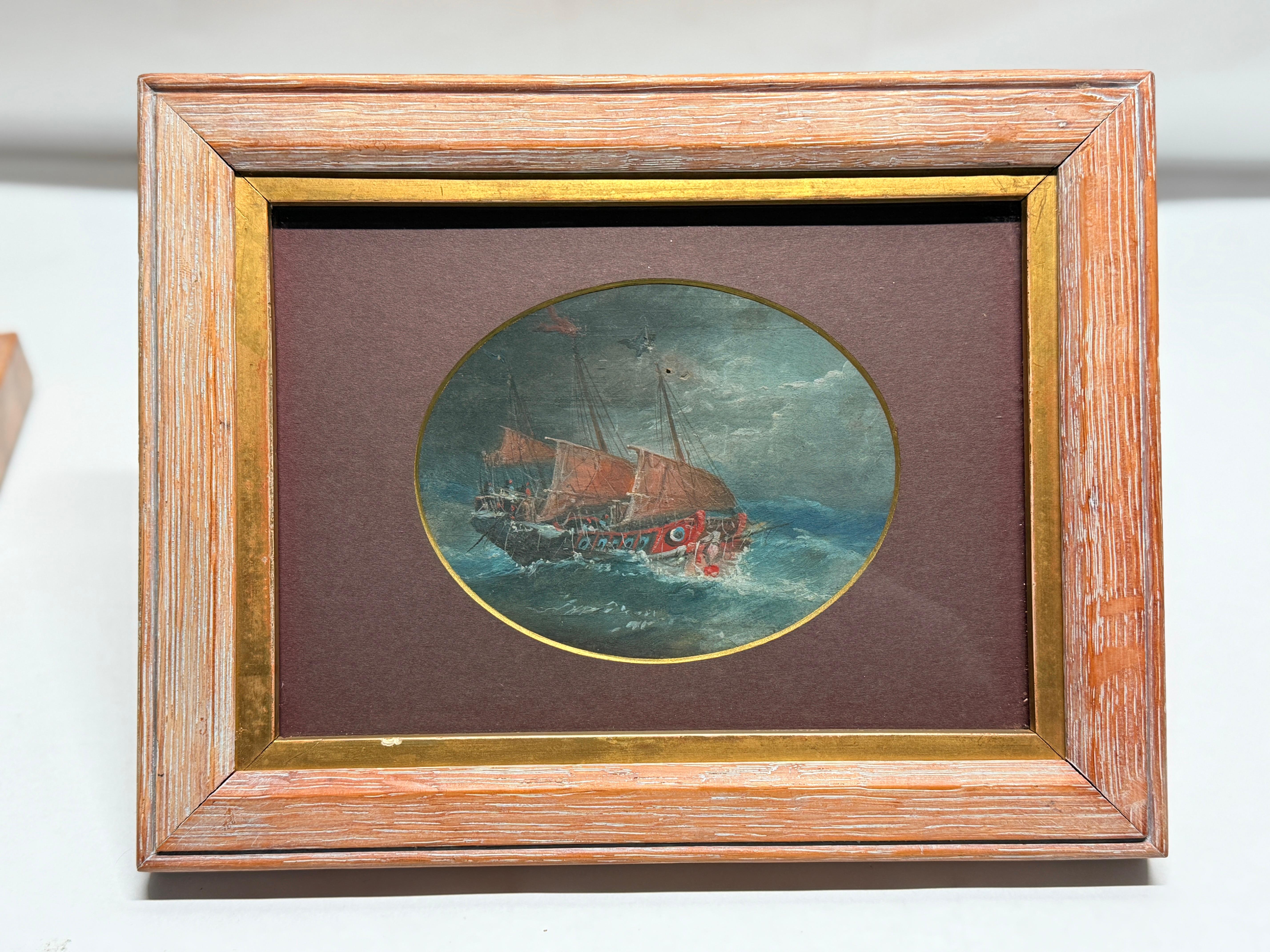 This 19th-century Chinese Export gouache painting depicts a sailing vessel navigating turbulent seas, executed in the refined style characteristic of Cantonese (Guangzhou) workshops that produced artwork for Western markets. The ship, adorned with
