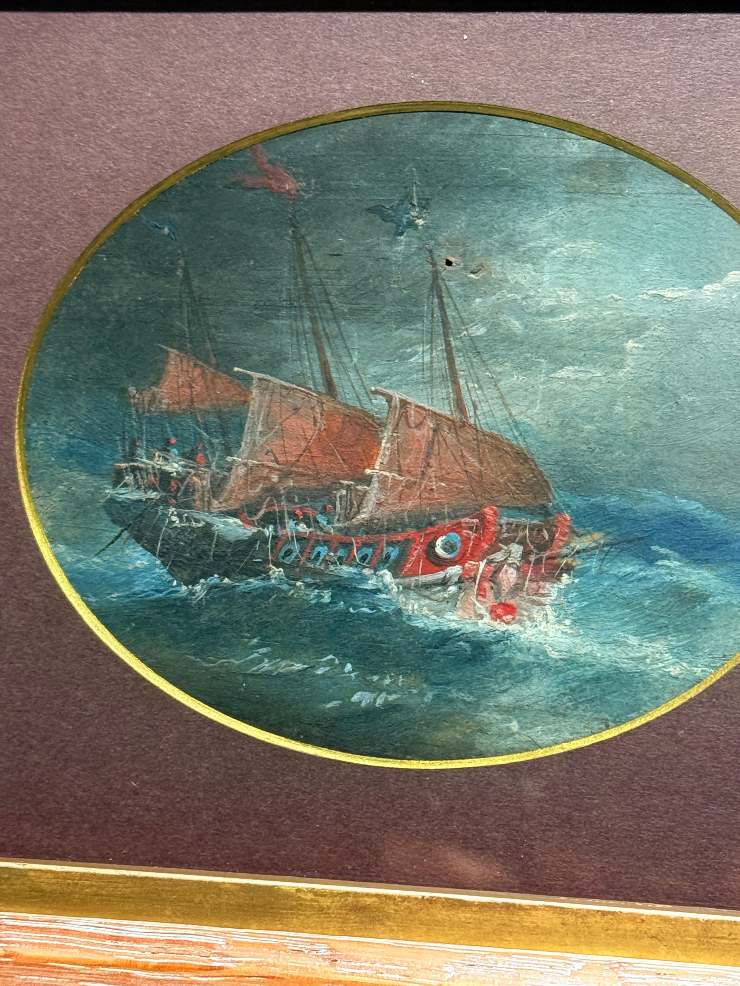 19th Century, Chinese Export Stormy Maritime JunkBoat Painting For Sale 2