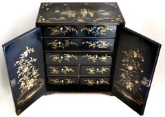 19th Century Chinese Export Table Top Black Lacquer Jewelry/Valuables Cabinet