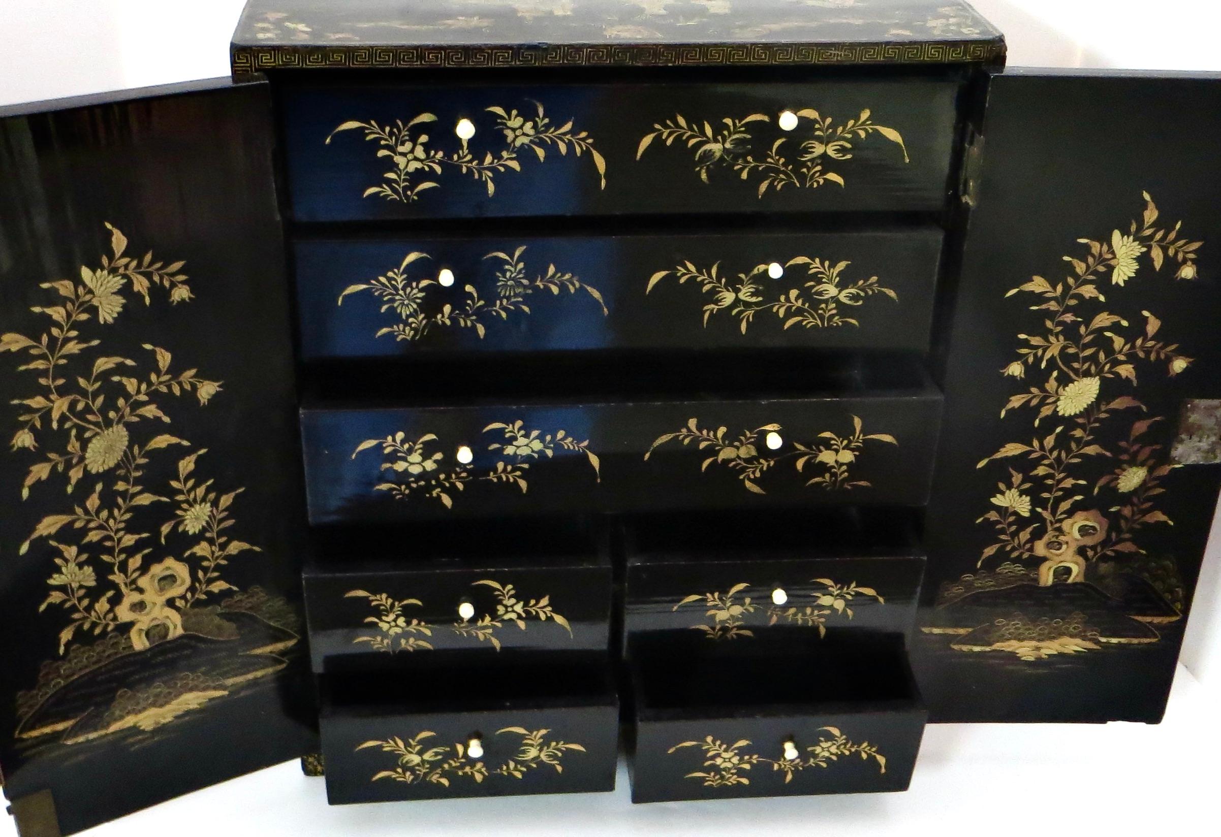 19th Century Chinese Export Table Top Black Lacquer Jewelry/Valuables Cabinet For Sale 1