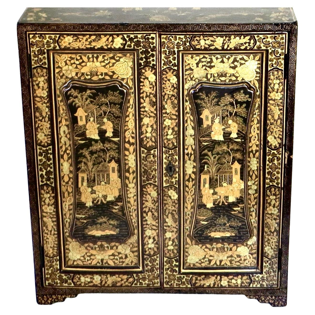 19th Century Chinese Export Table Top Black Lacquer Jewelry/Valuables Cabinet For Sale