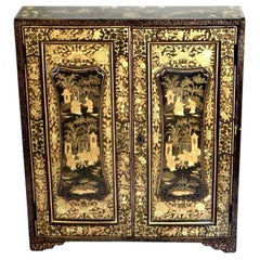 19th Century Chinese Export Table Top Black Lacquer Jewelry/Valuables Cabinet