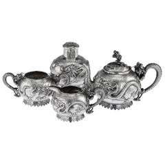 19th Century Chinese Export Tu Mao Xing Solid Silver Dragon Tea Set, circa 1890