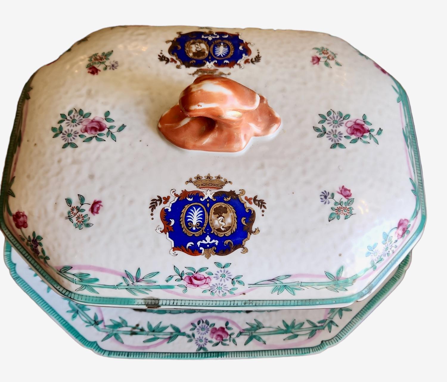 19th century Chinese Export tureen and platter with orange peel finish. Hand painted. Armorial motif. Coat of arms/family crest. Platter is 15