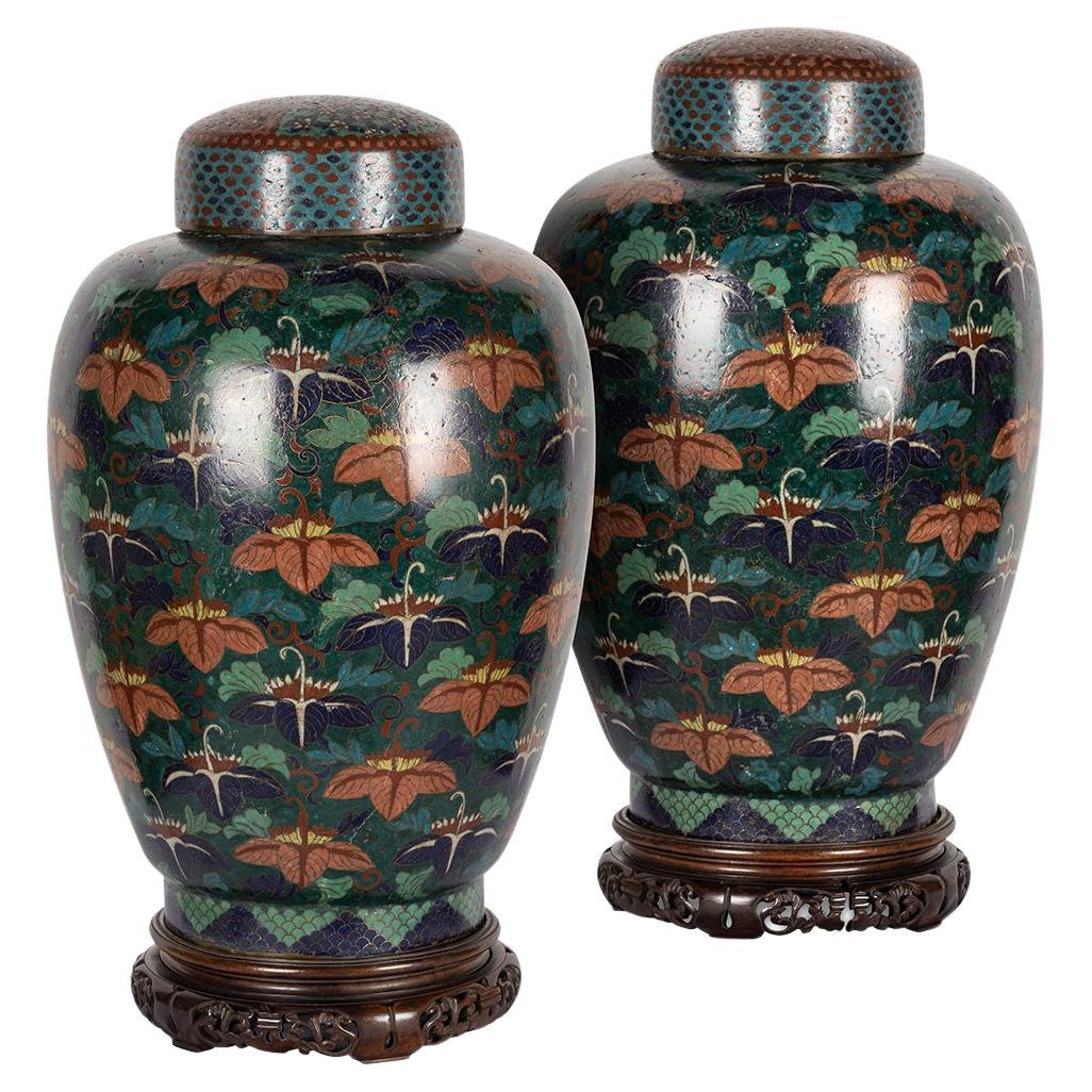 19th Century Chinese Famille-Noire Cloosonne Enamel Lidded Ginger Jars For Sale