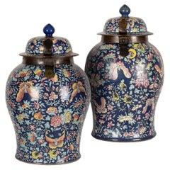 Antique 19th Century Chinese Famille-Noire Porcelain Lidded Ginger Jars