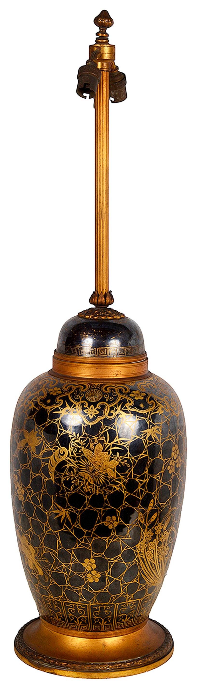 19th Century Chinese Famille Noure Vase / Lamp In Good Condition For Sale In Brighton, Sussex