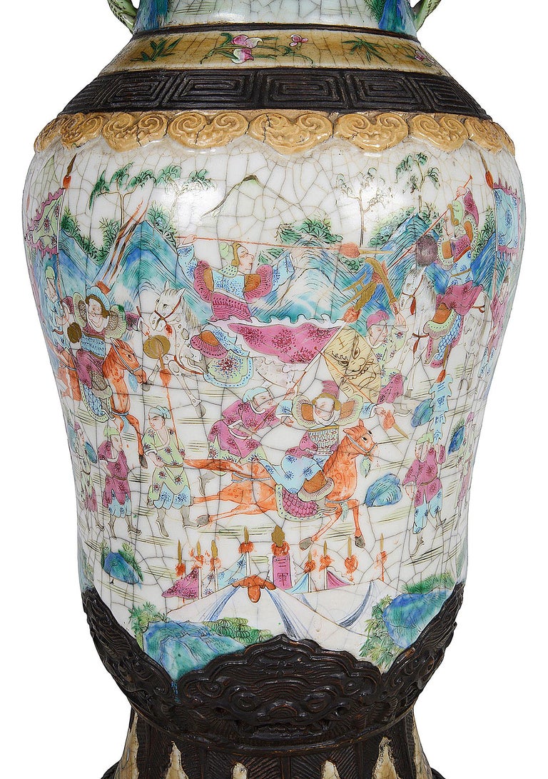 Hand-Painted 19th Century Chinese Famille Rose Crackleware Vase / Lamp For Sale