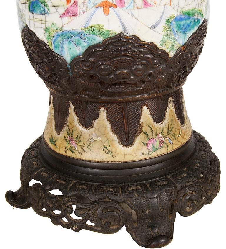 19th Century Chinese Famille Rose Crackleware Vase / Lamp In Good Condition For Sale In Brighton, Sussex