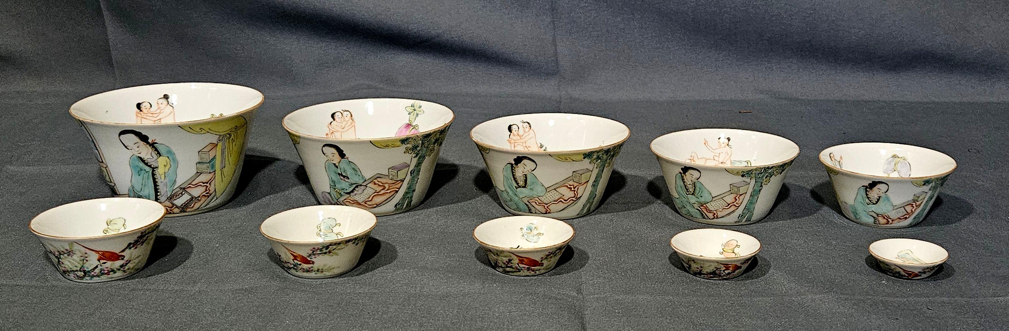 19. Jahrhundert Chinesische Famille Rose Erotische Nistschalen (10), signiert und markiert (Handgefertigt) im Angebot