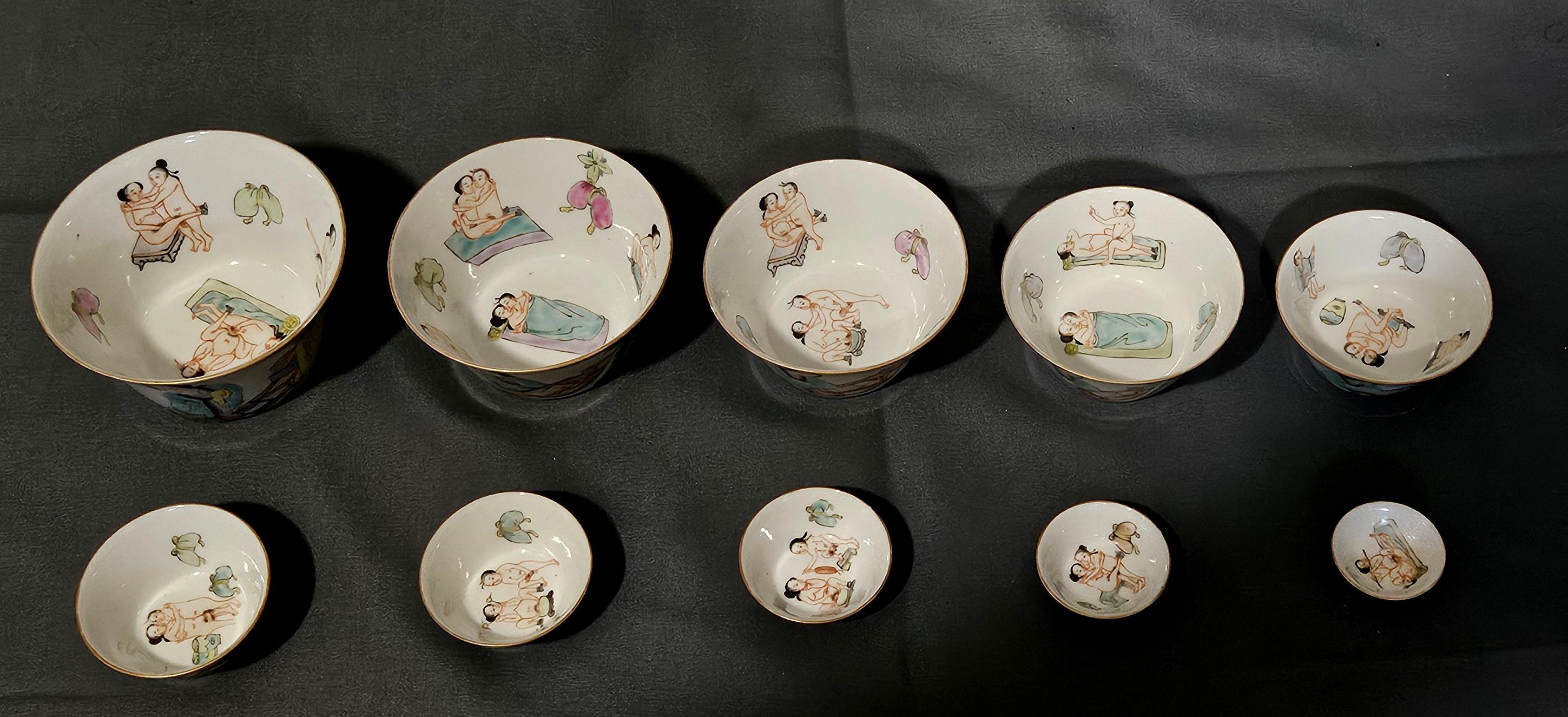 19. Jahrhundert Chinesische Famille Rose Erotische Nistschalen (10), signiert und markiert im Zustand „Hervorragend“ im Angebot in Norton, MA