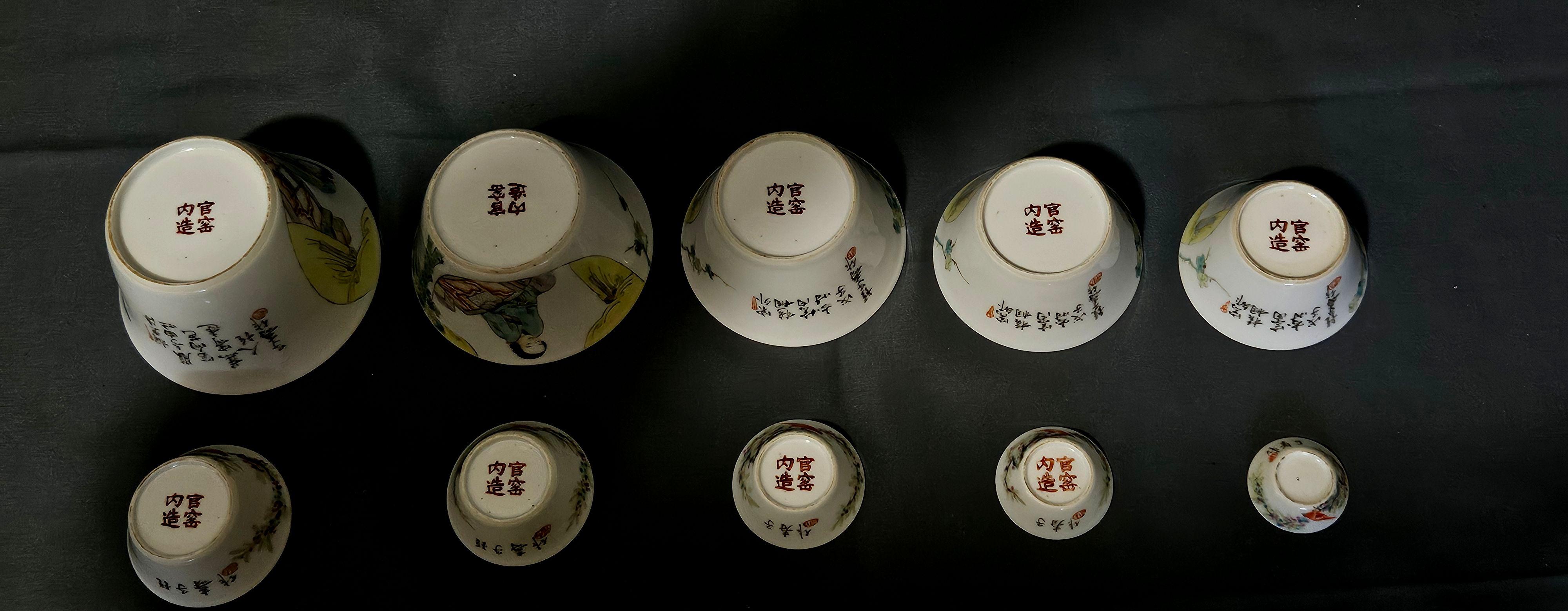19. Jahrhundert Chinesische Famille Rose Erotische Nistschalen (10), signiert und markiert (Porzellan) im Angebot