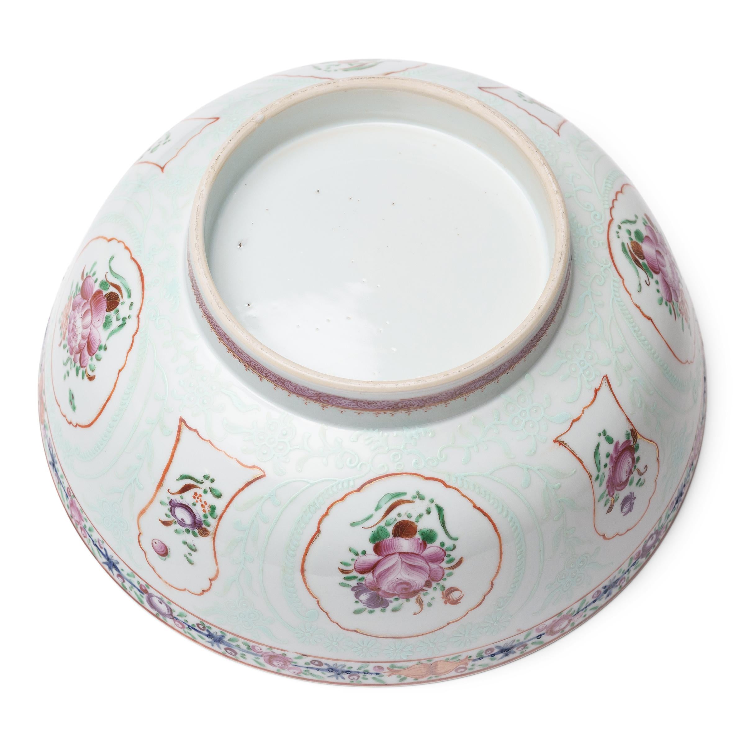 Enameled 19th Century Chinese Famille Rose Floral Punch Bowl For Sale