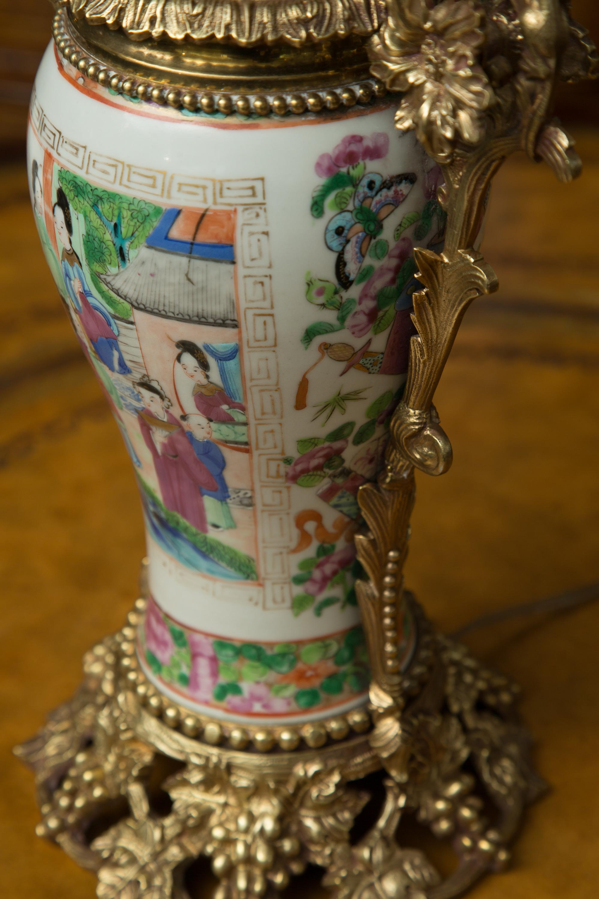 Hand-Painted 19th Century Chinese Famille Rose Gilt Metal Mounted Vase as Table Lamp