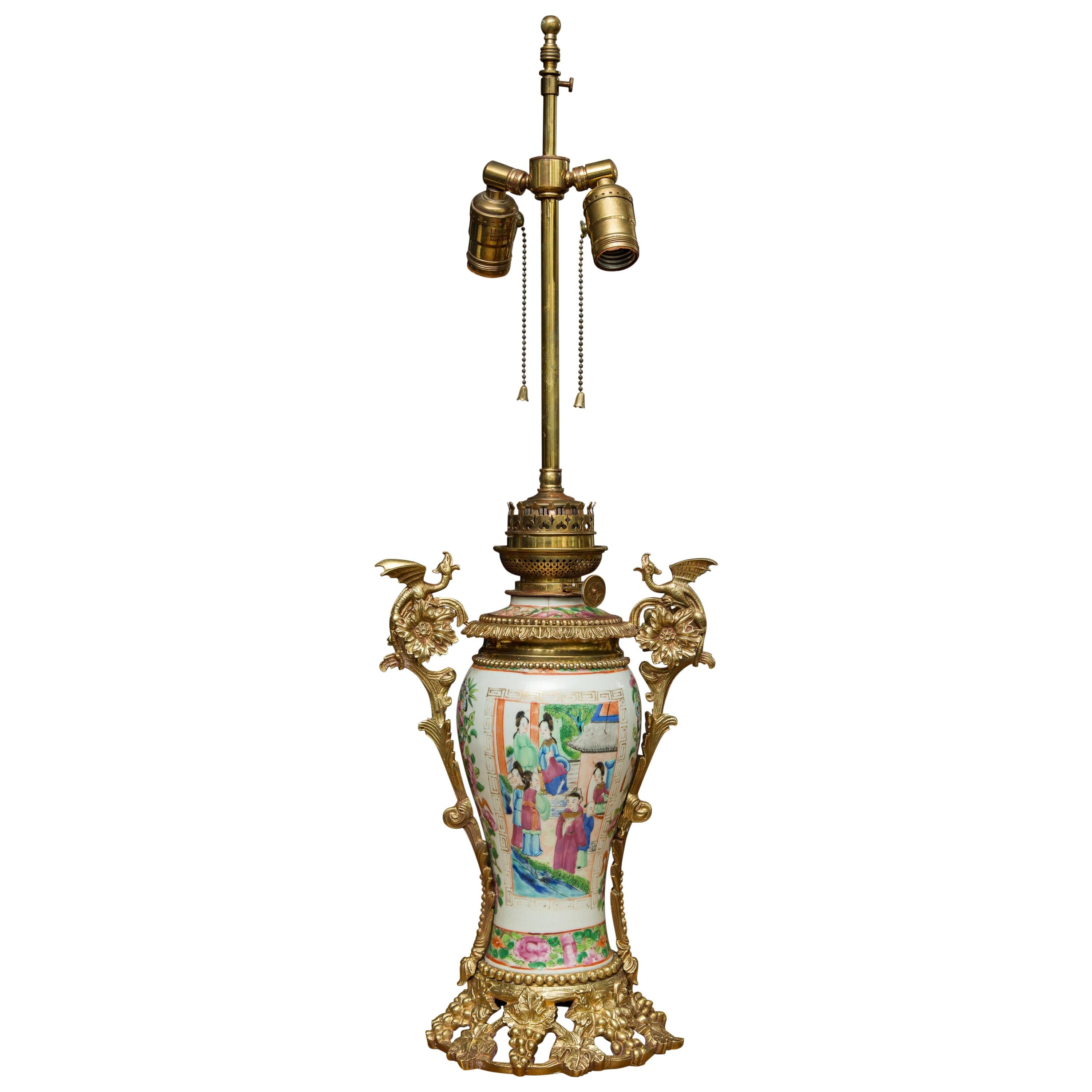 19th Century Chinese Famille Rose Gilt Metal Mounted Vase as Table Lamp For Sale