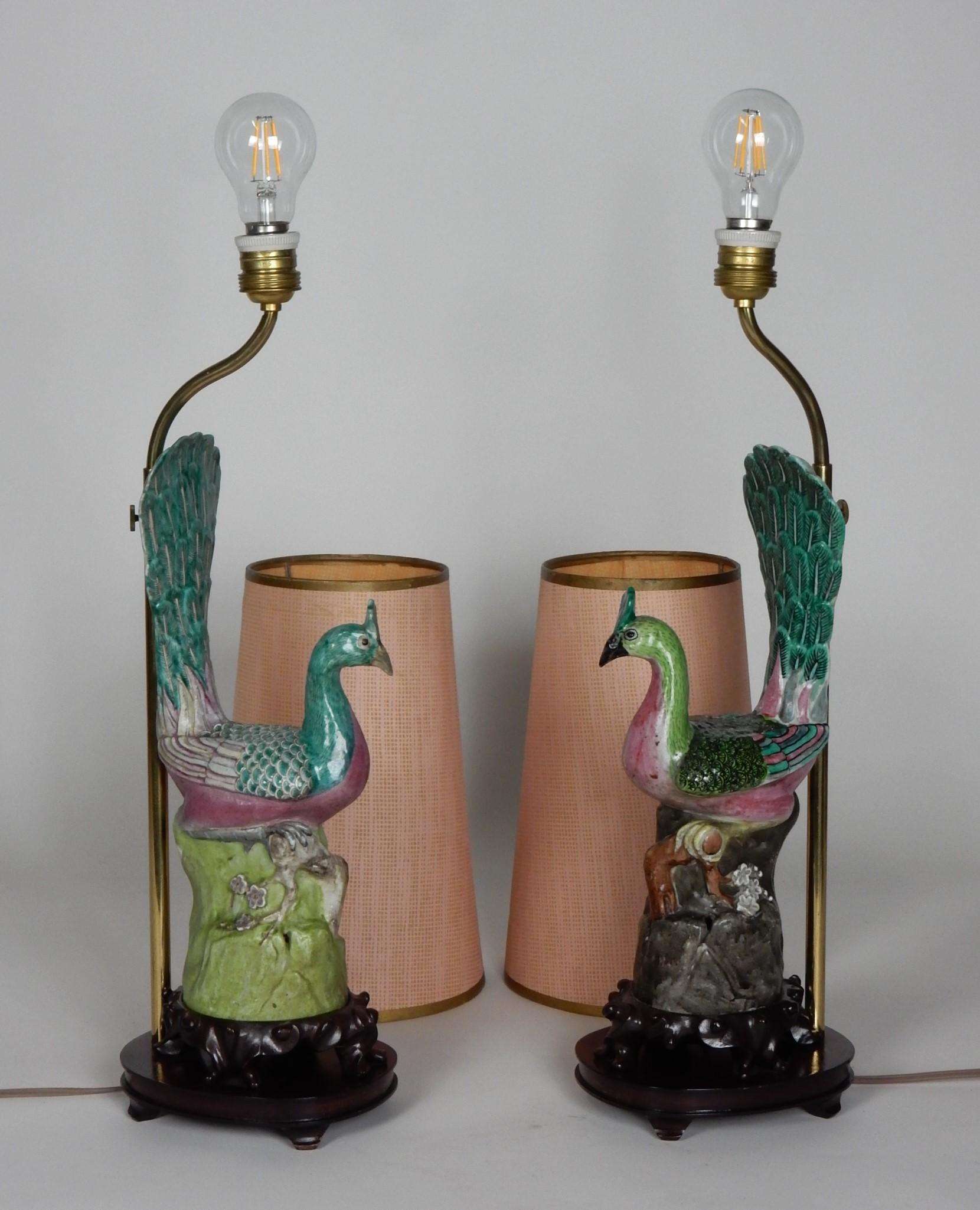 19th Century Chinese Famille Rose Porcelain Peacock Lamps 5