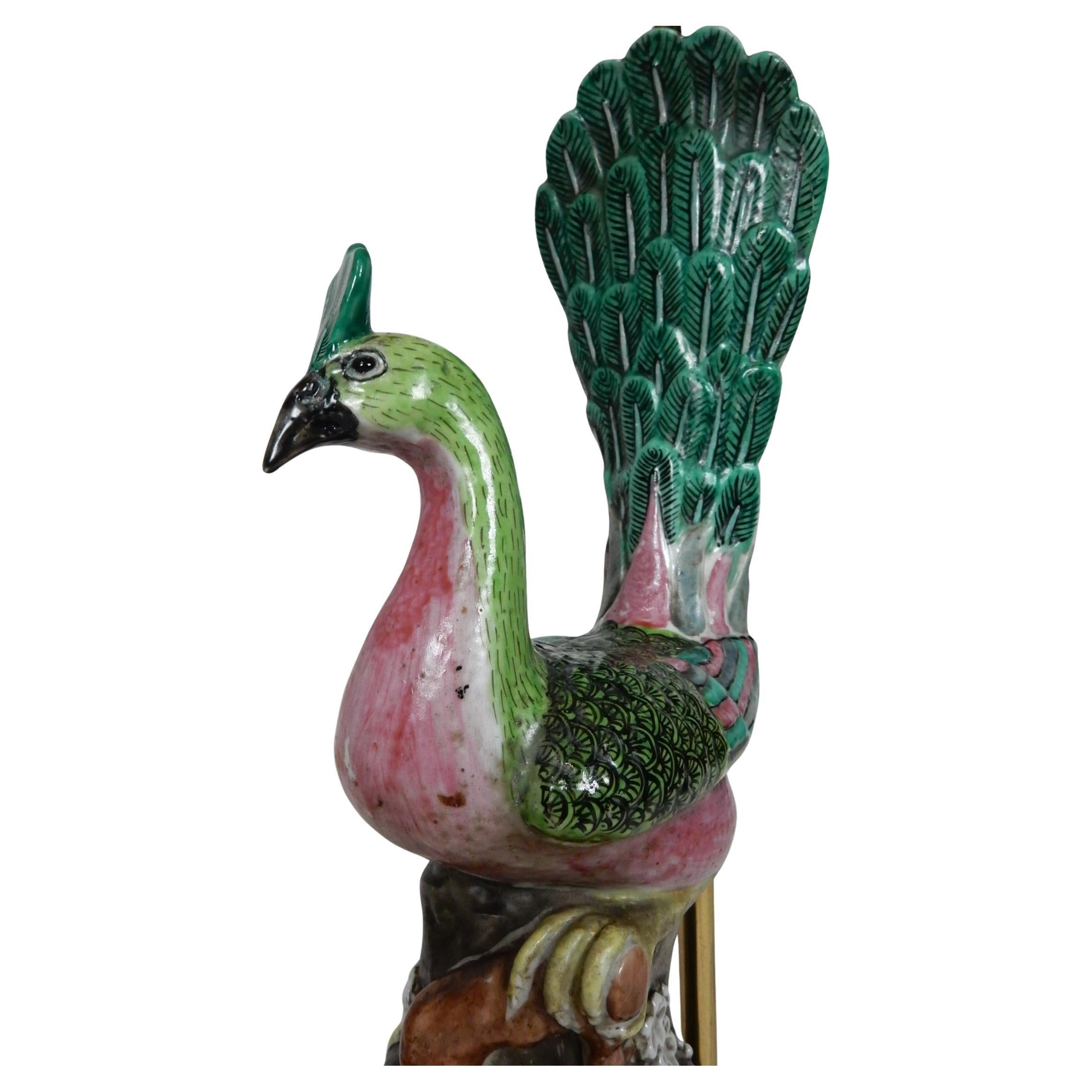 Chinese Export 19th Century Chinese Famille Rose Porcelain Peacock Lamps