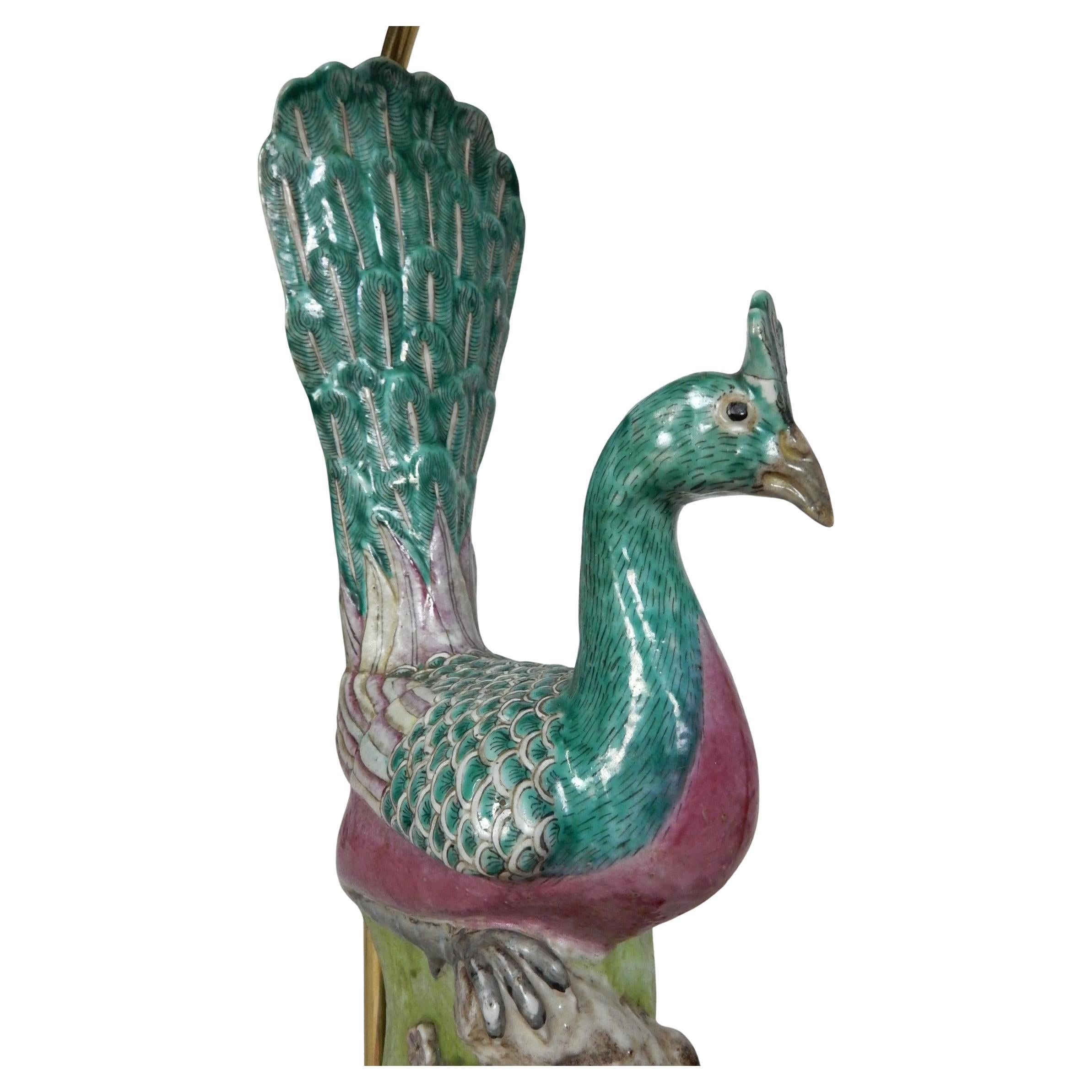 Brass 19th Century Chinese Famille Rose Porcelain Peacock Lamps