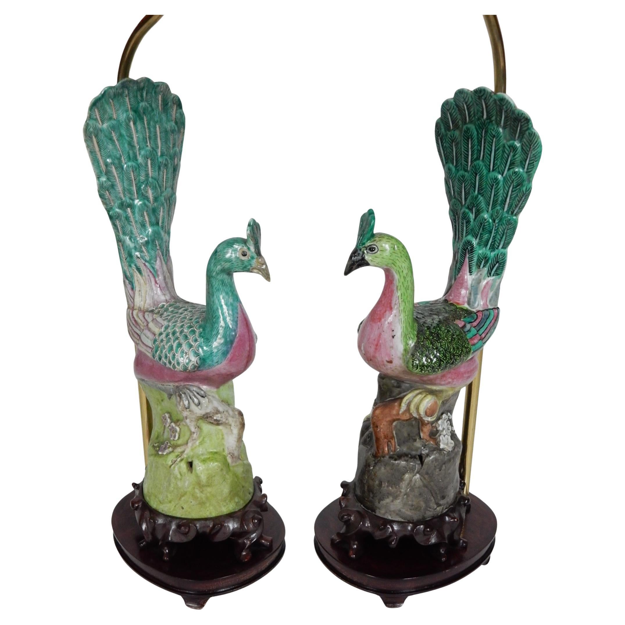 19th Century Chinese Famille Rose Porcelain Peacock Lamps 1