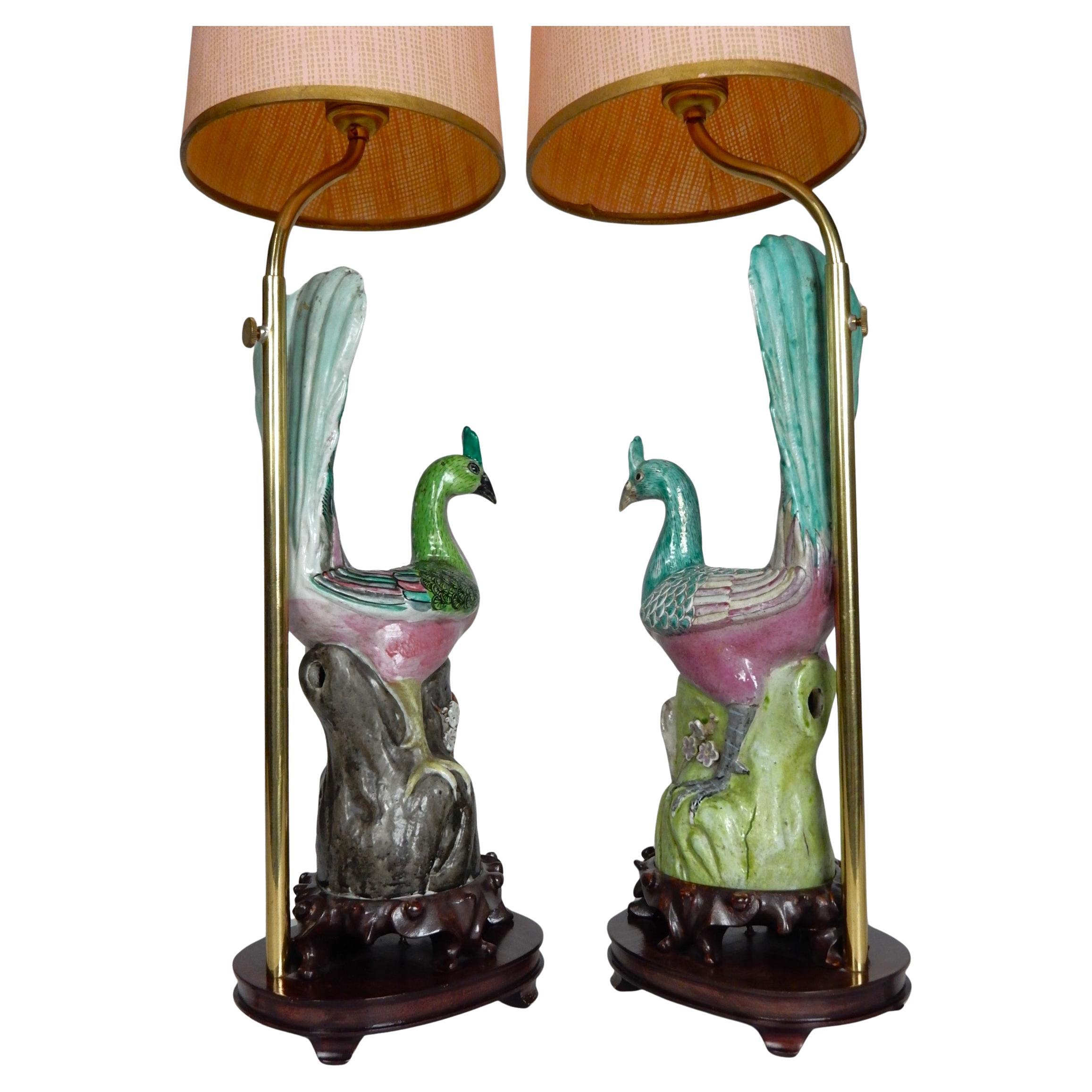 19th Century Chinese Famille Rose Porcelain Peacock Lamps 2