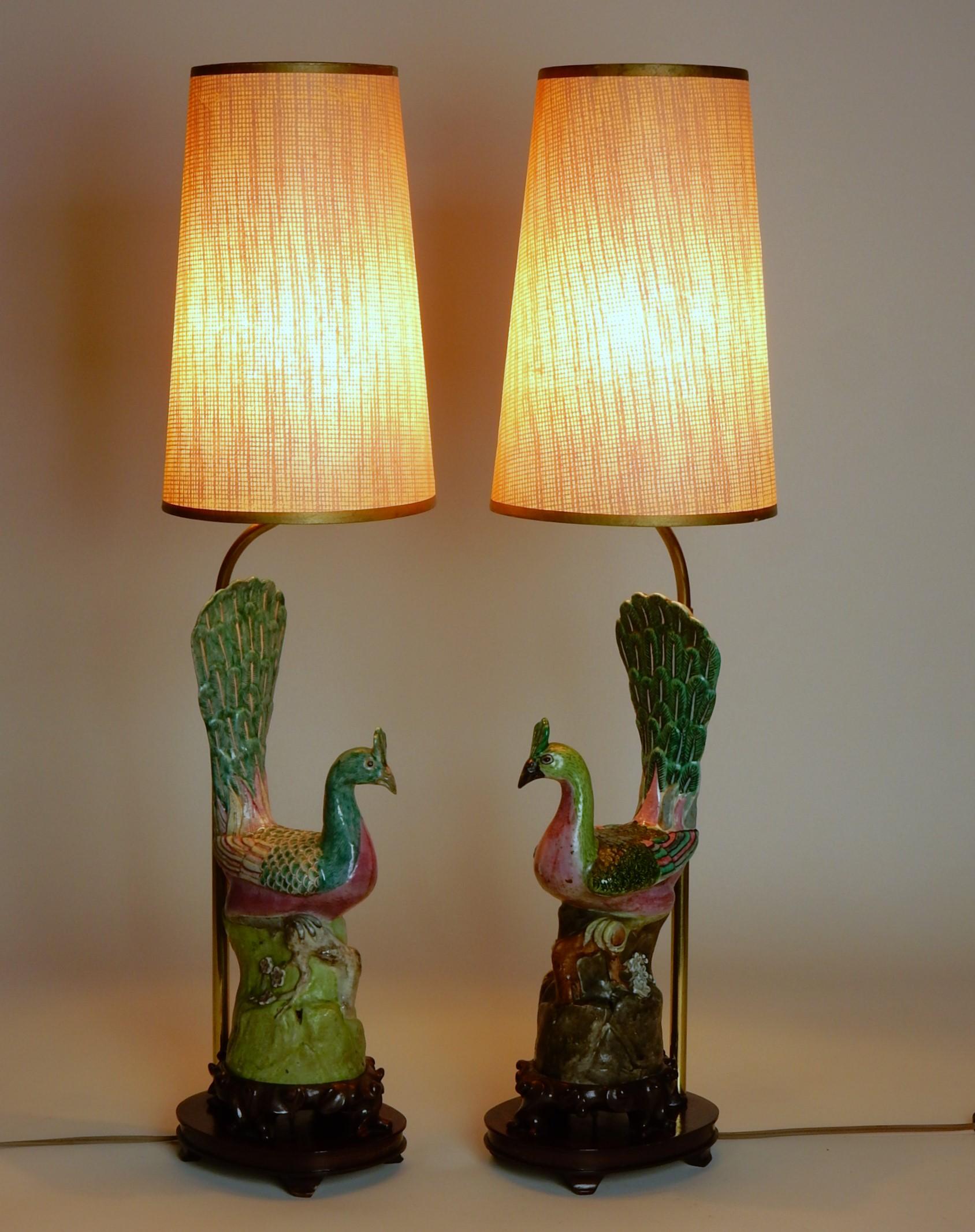 19th Century Chinese Famille Rose Porcelain Peacock Lamps 3