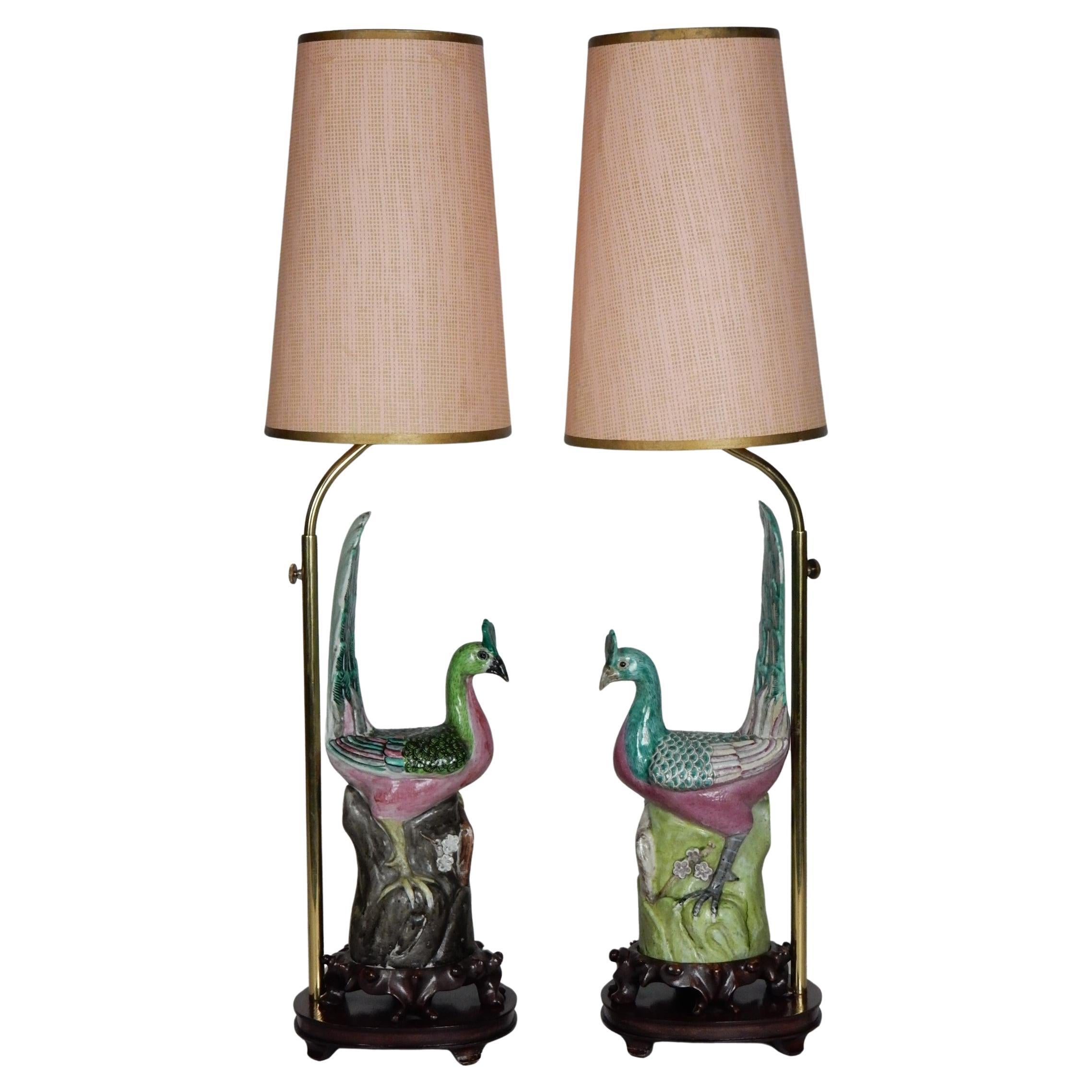 19th Century Chinese Famille Rose Porcelain Peacock Lamps 4