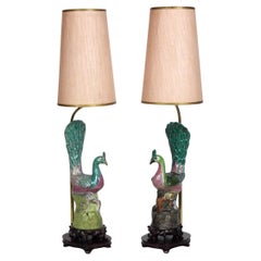 19th Century Chinese Famille Rose Porcelain Peacock Lamps