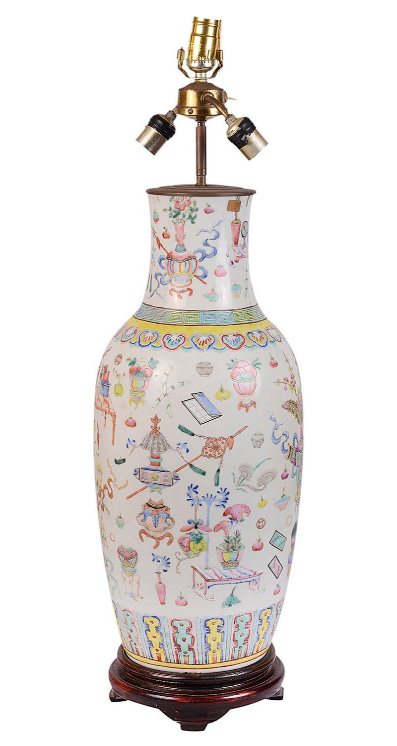 Hand-Painted 19th Century Chinese Famille Rose Vase / Lamp For Sale