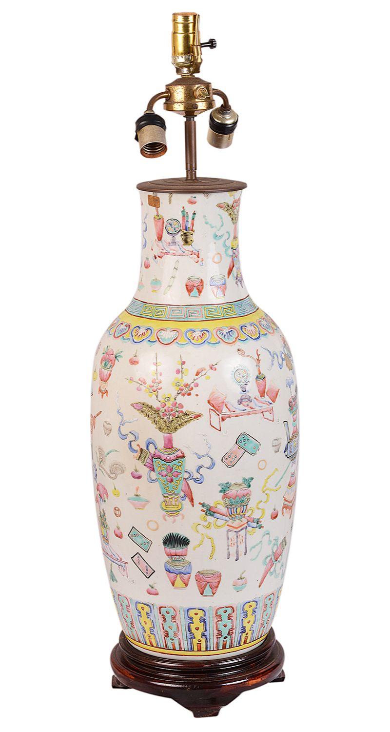 19th Century Chinese Famille Rose Vase / Lamp In Good Condition For Sale In Brighton, Sussex