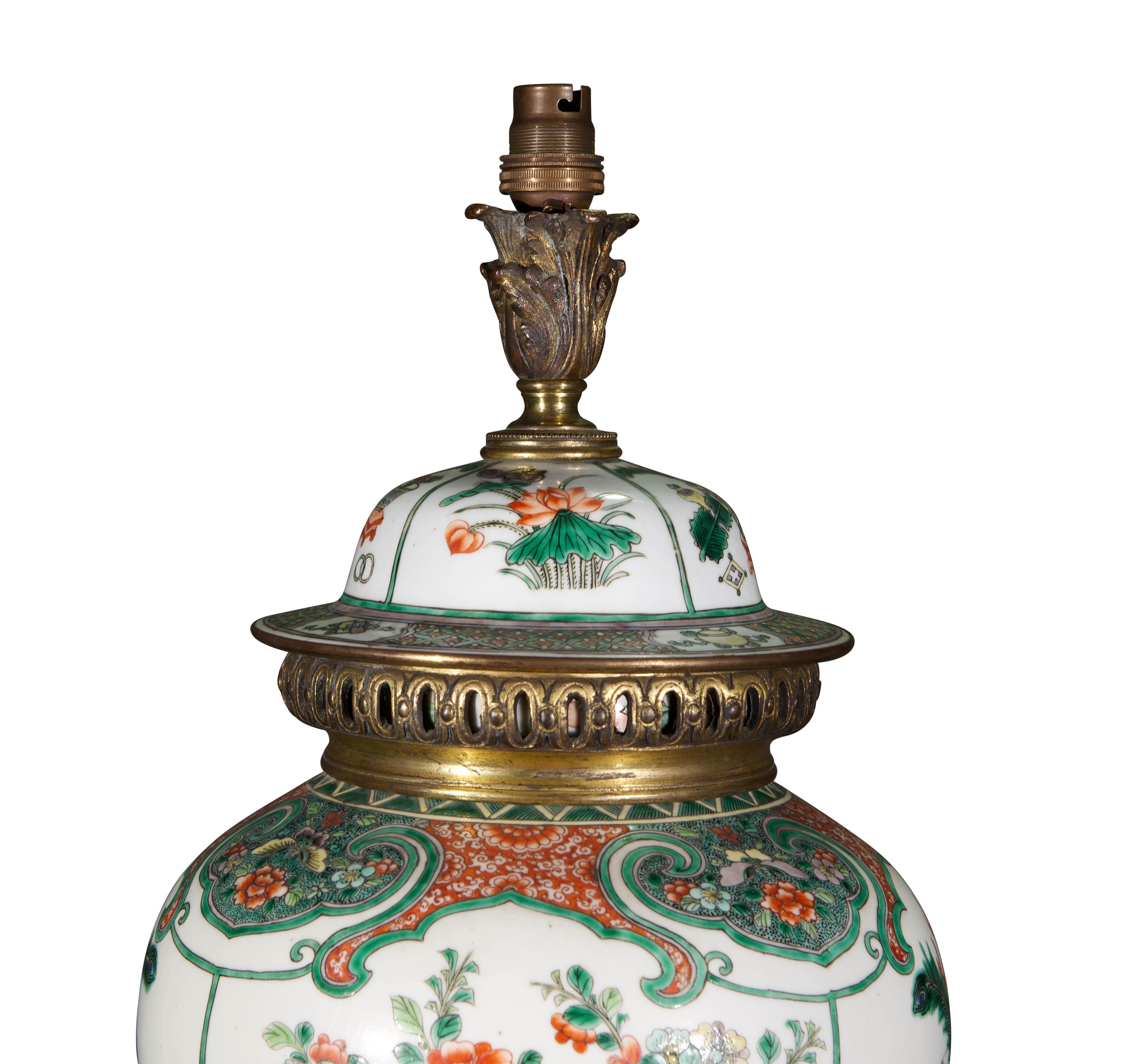 Glazed 19th Century Chinese Famille Verte Baluster Porcelain Antique Table Lamp For Sale