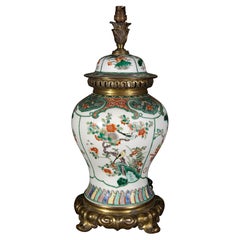 19th Century Chinese Famille Verte Baluster Porcelain Antique Table Lamp
