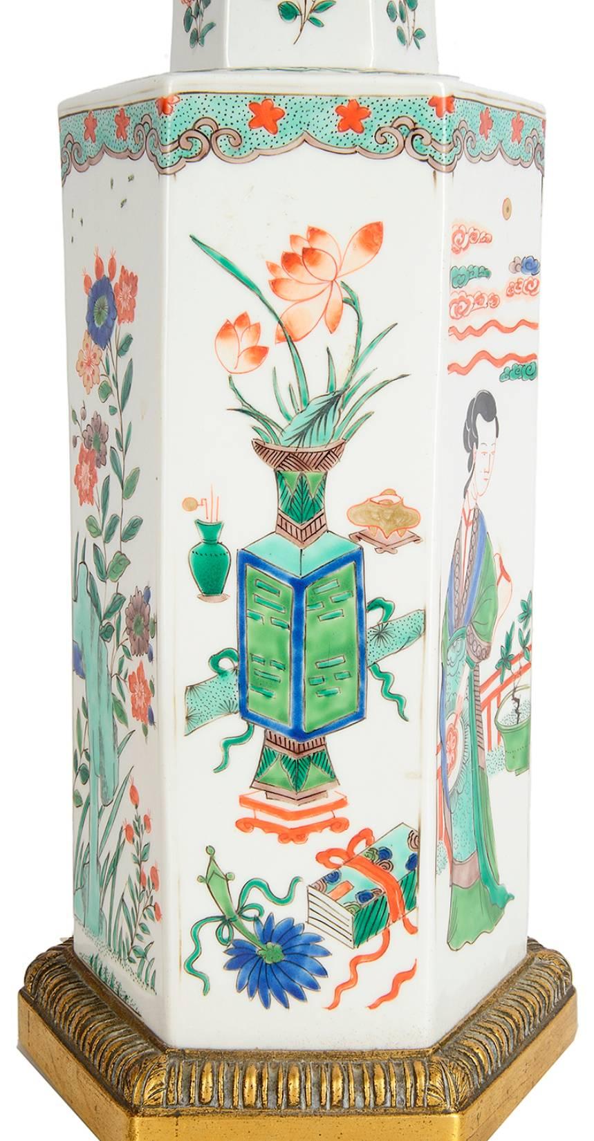Gilt 19th Century Chinese Famille Verte Style Vase / Lamp For Sale