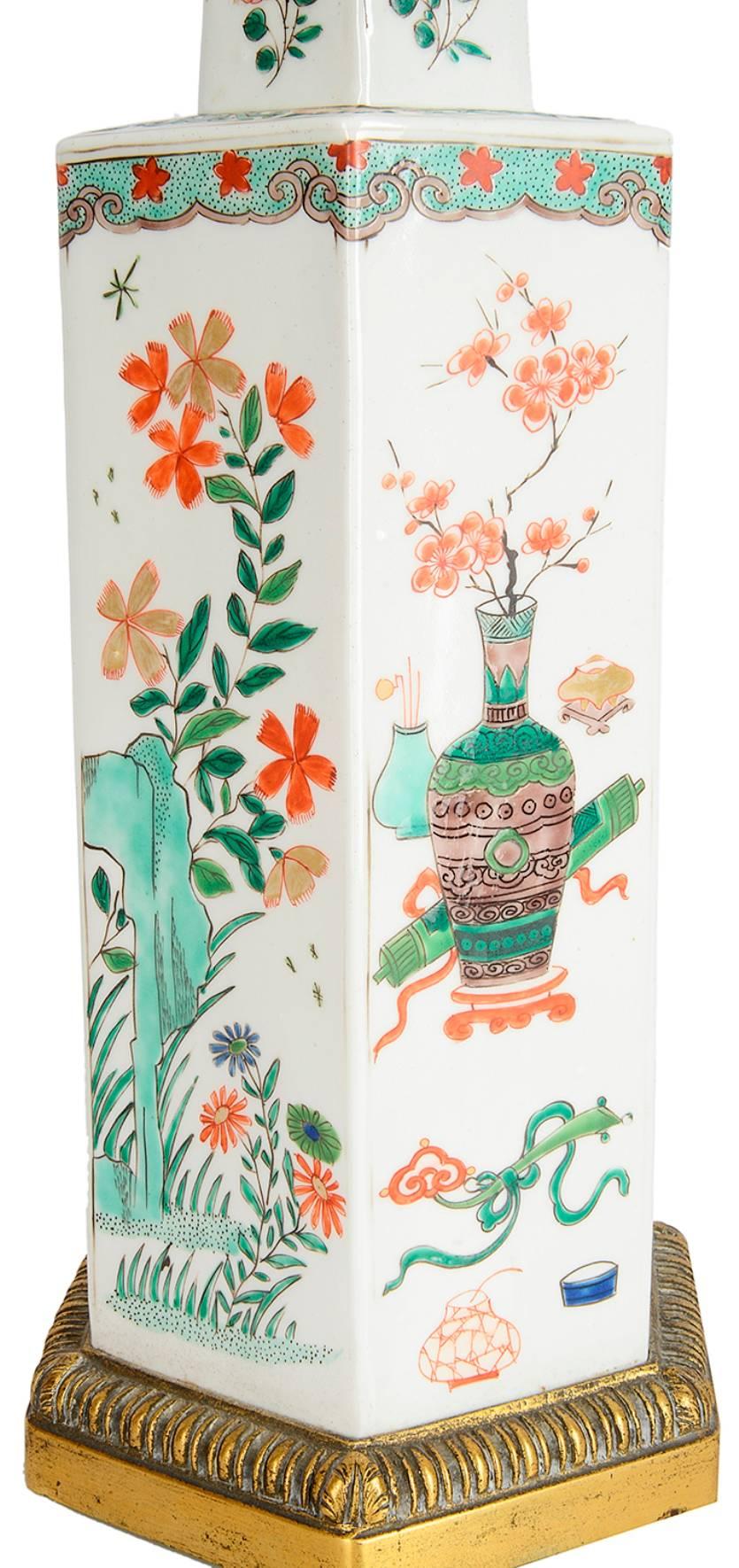 19th Century Chinese Famille Verte Style Vase / Lamp In Excellent Condition For Sale In Brighton, Sussex