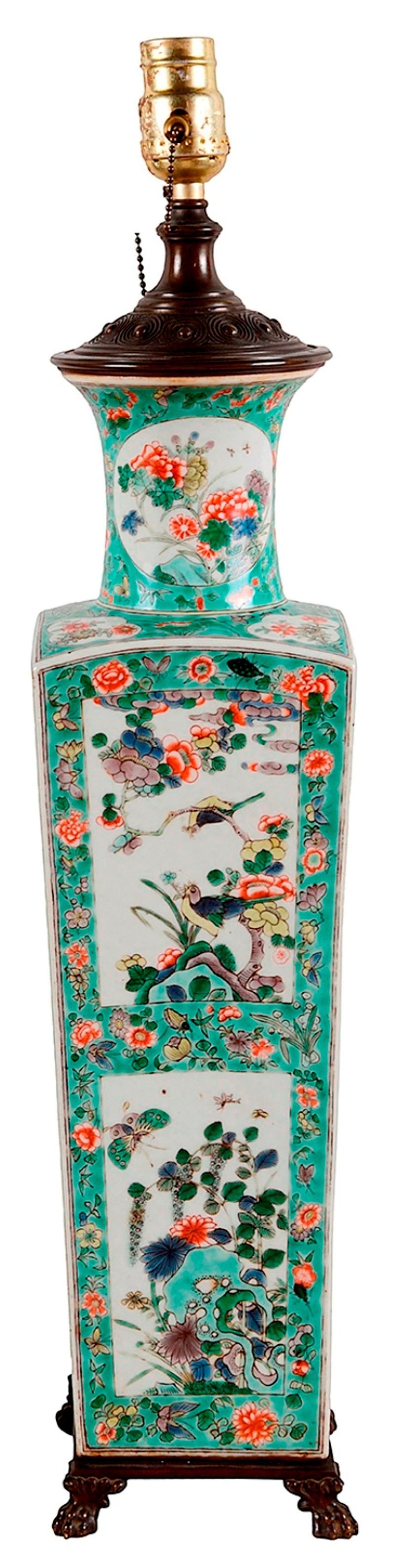 Hand-Painted 19th Century Chinese Famille Verte Vase or Lamp For Sale