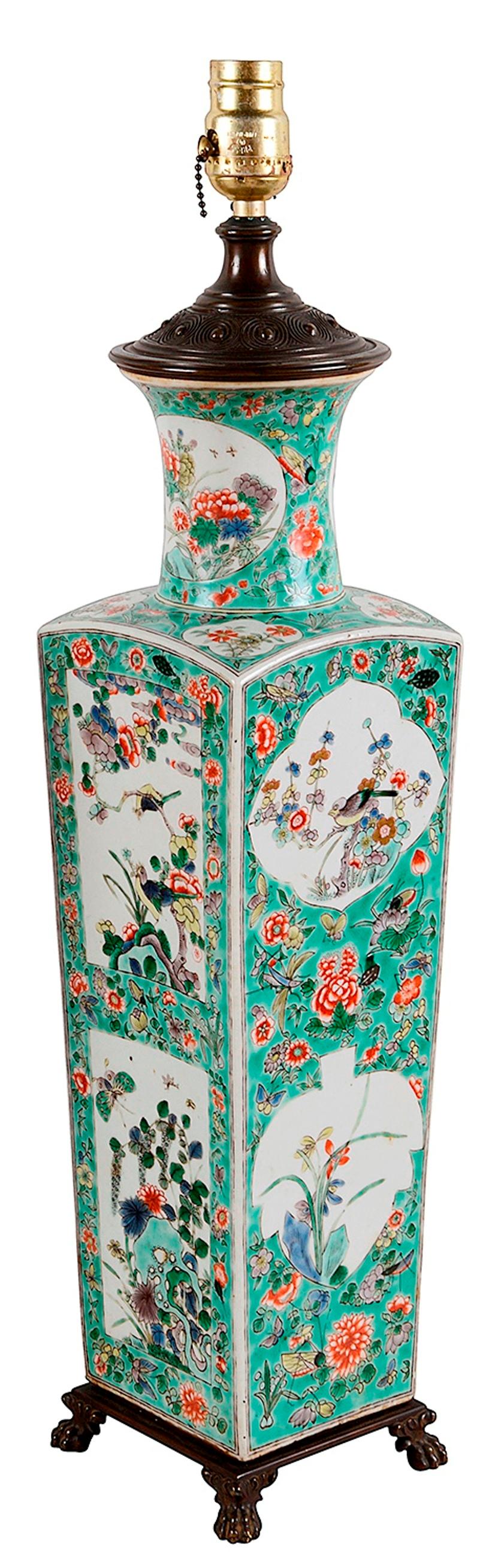 19th Century Chinese Famille Verte Vase or Lamp In Good Condition For Sale In Brighton, Sussex