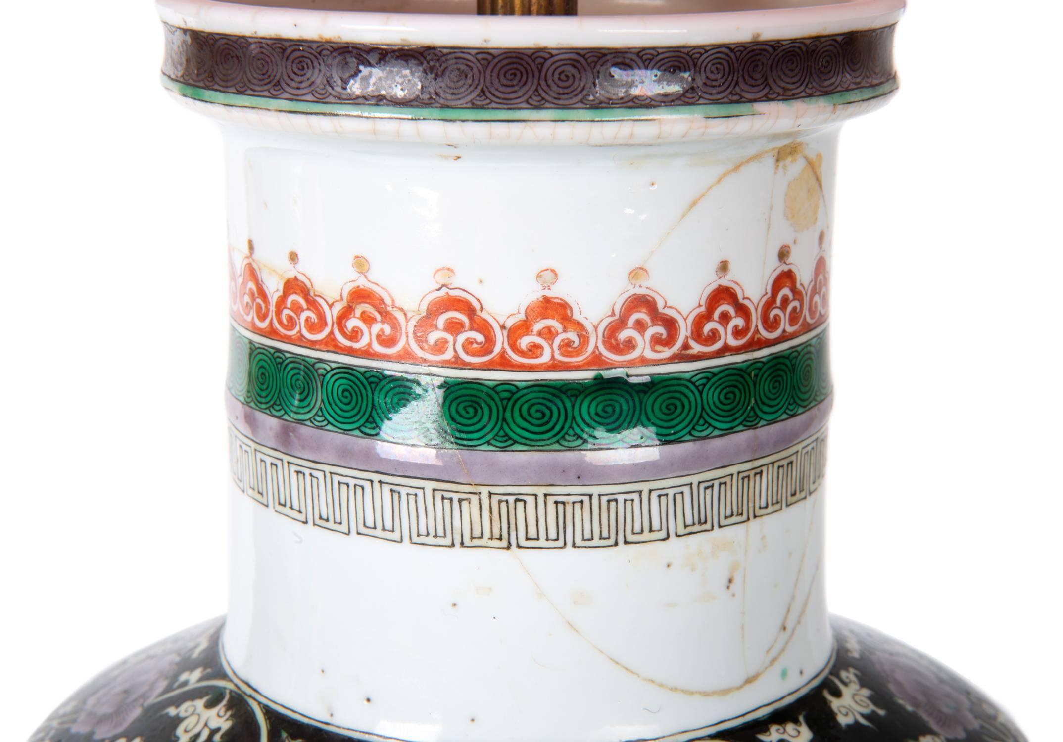19th Century Chinese Famille Verte Vase / Lamp In Good Condition For Sale In Brighton, Sussex