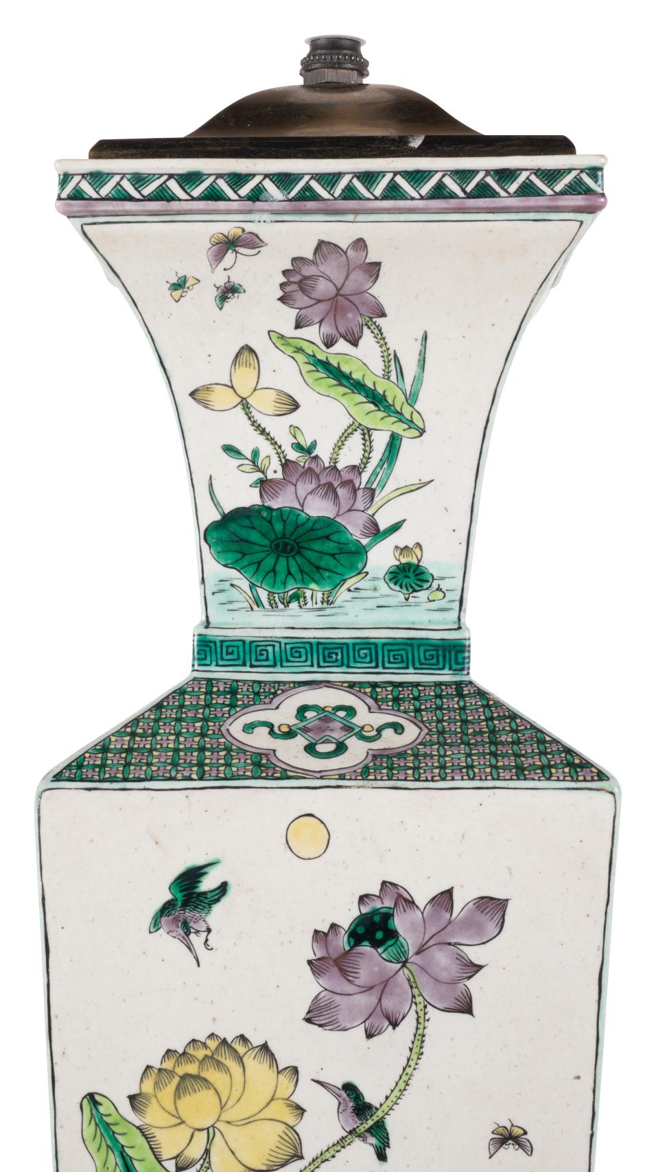 19th Century Chinese Famille Verte Vase / Lamp In Good Condition For Sale In Brighton, Sussex