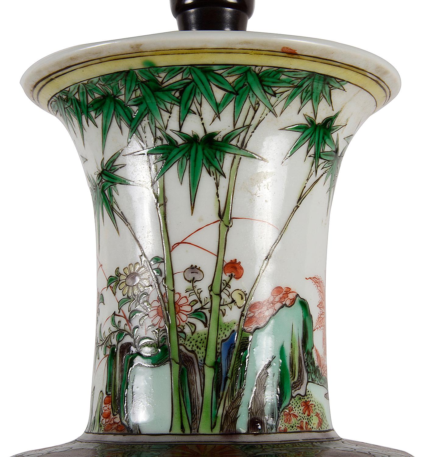 Hand-Painted 19th Century Chinese Famille Verte Vase / Lamp For Sale