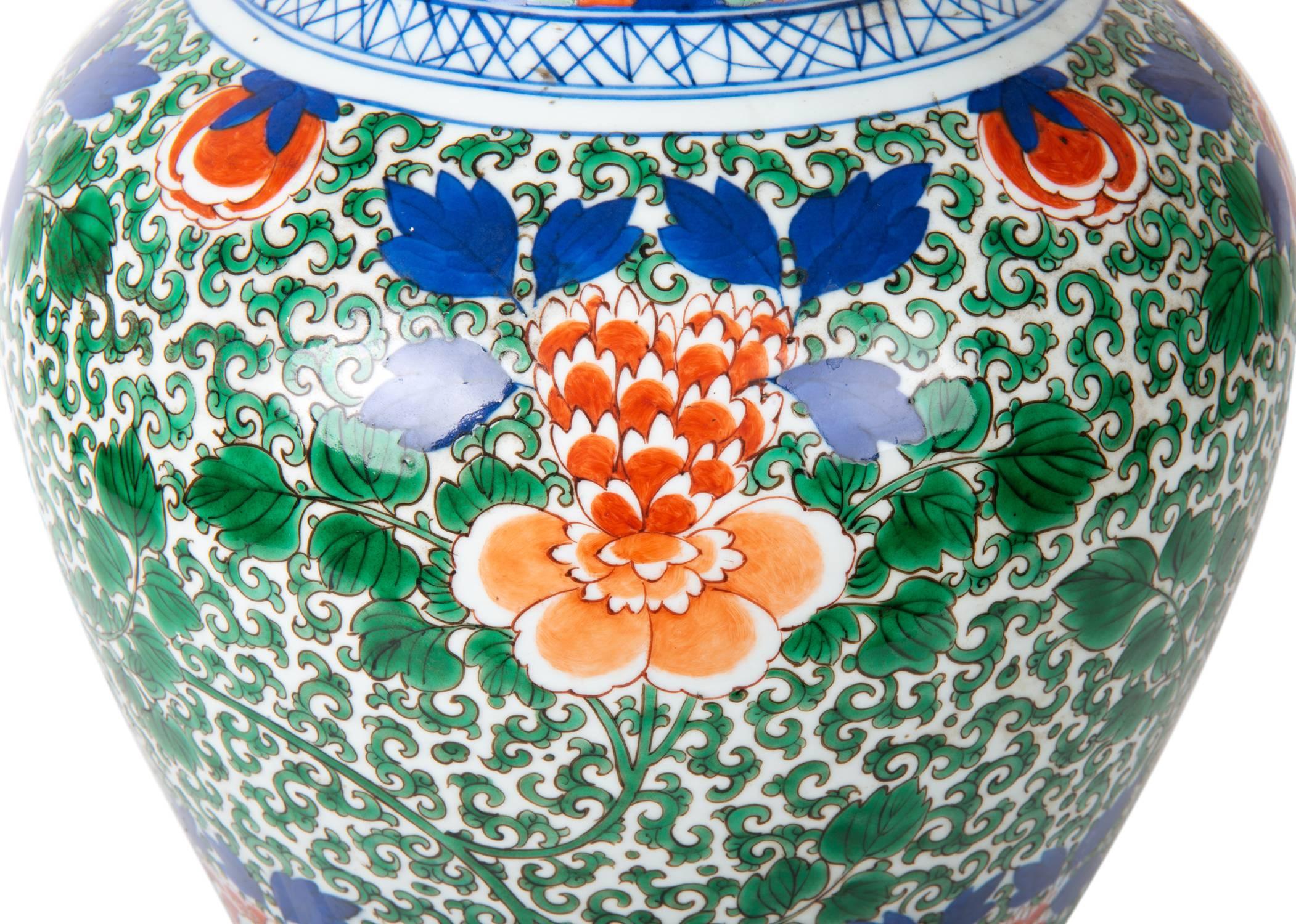 Hand-Painted 19th Century Chinese Famille Verte Vase or Lamp