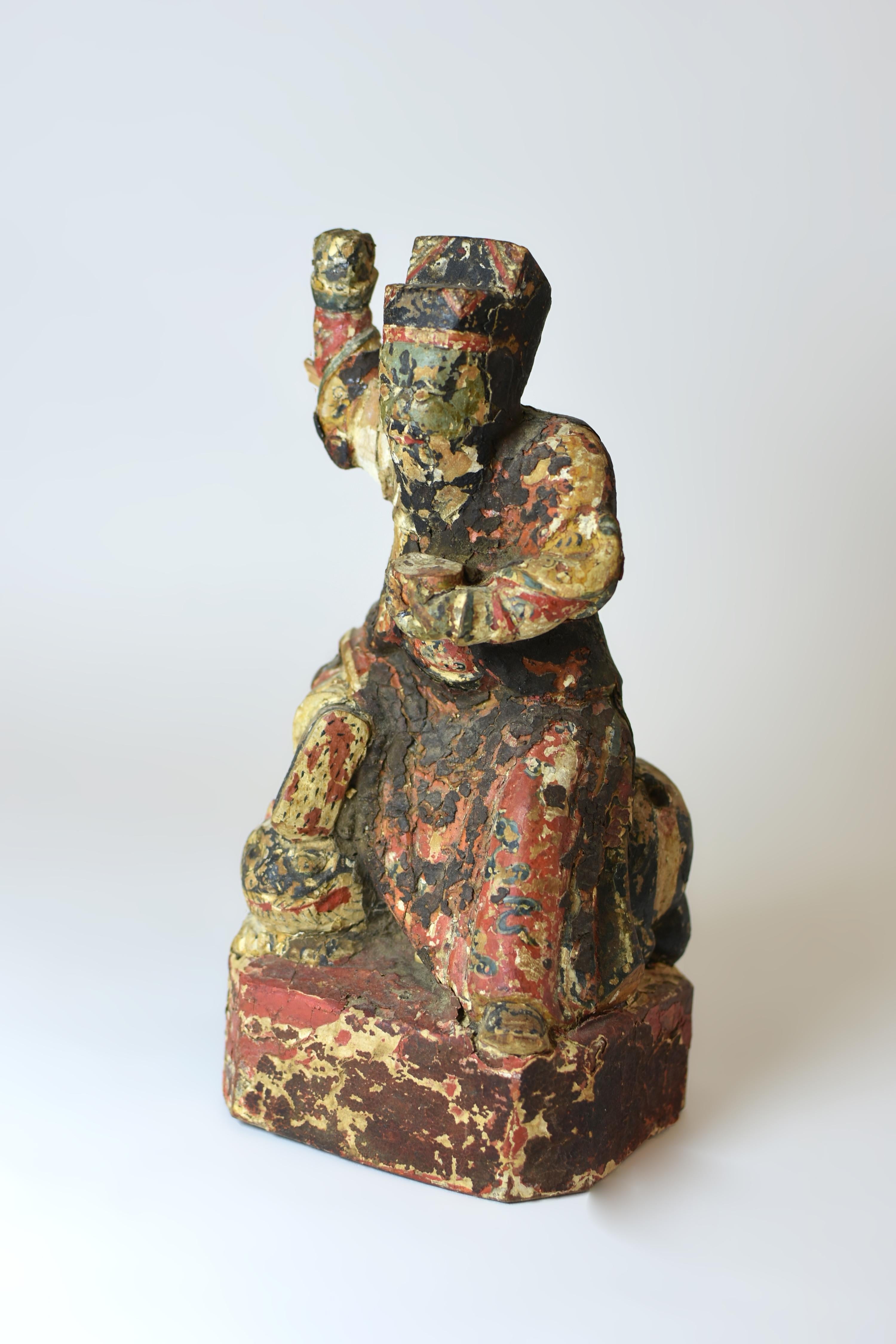 Hand-Carved 19th Century Chinese Figure of a Guardian God For Sale