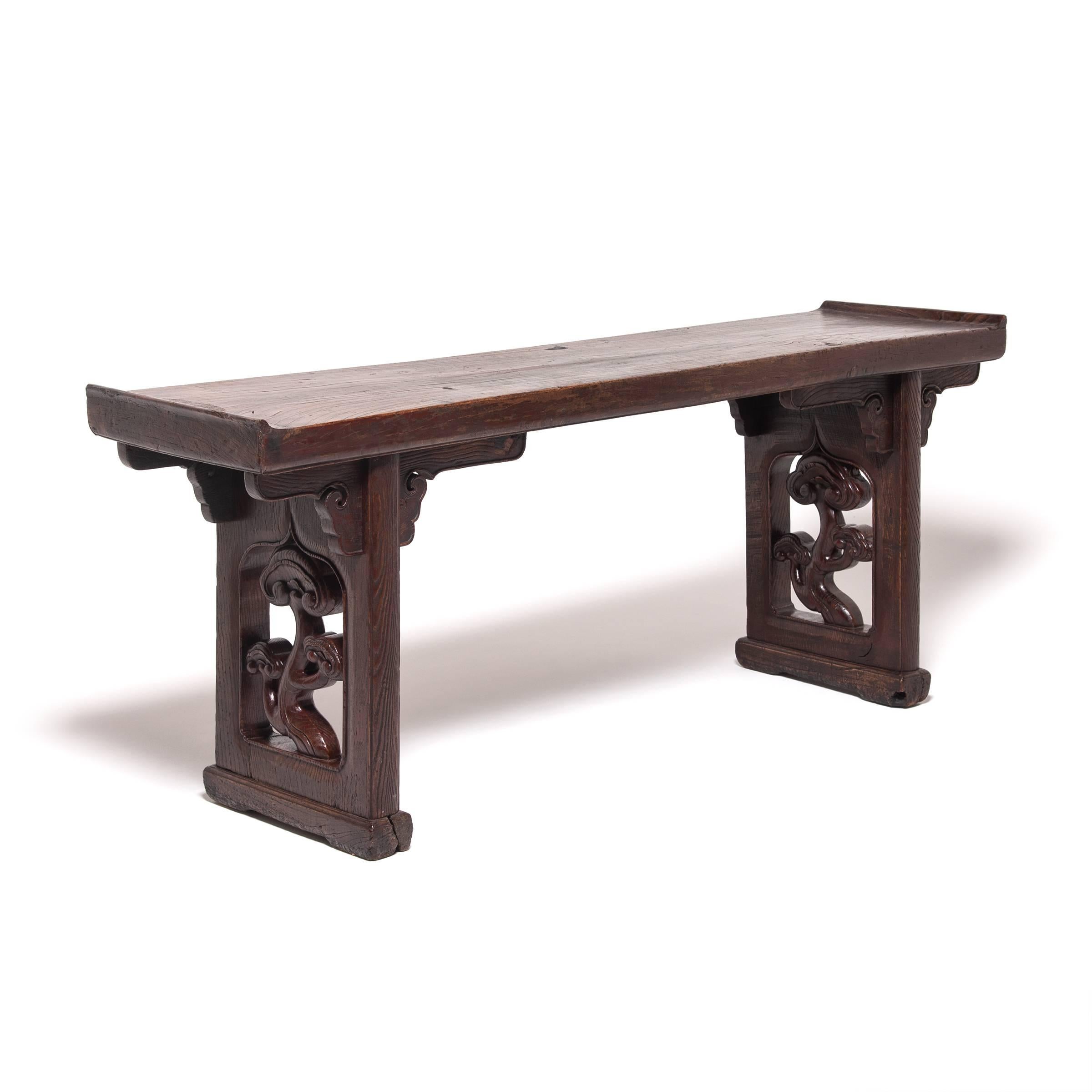 Hand-Carved 19th Century Chinese Flanked Plank Top Ruyi Altar Table