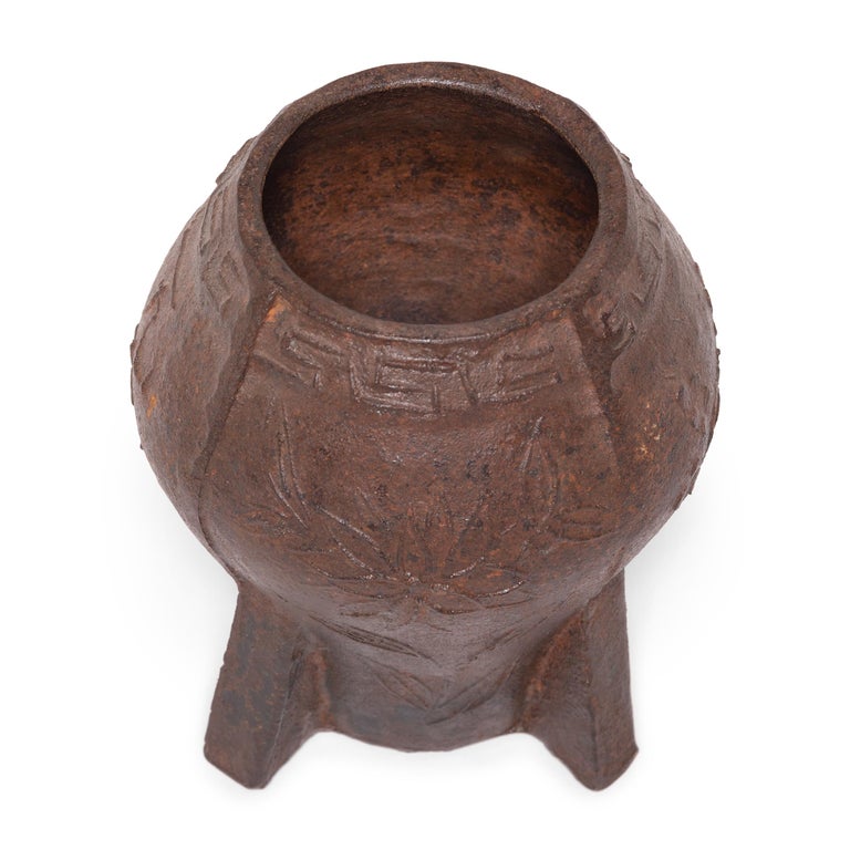 19th Century Chinese Floral Cast Iron Mortar and Pestle For Sale at 1stdibs