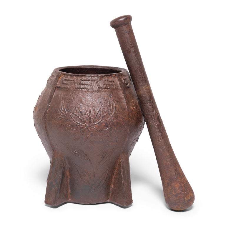 19th Century Chinese Floral Cast Iron Mortar and Pestle For Sale at 1stdibs