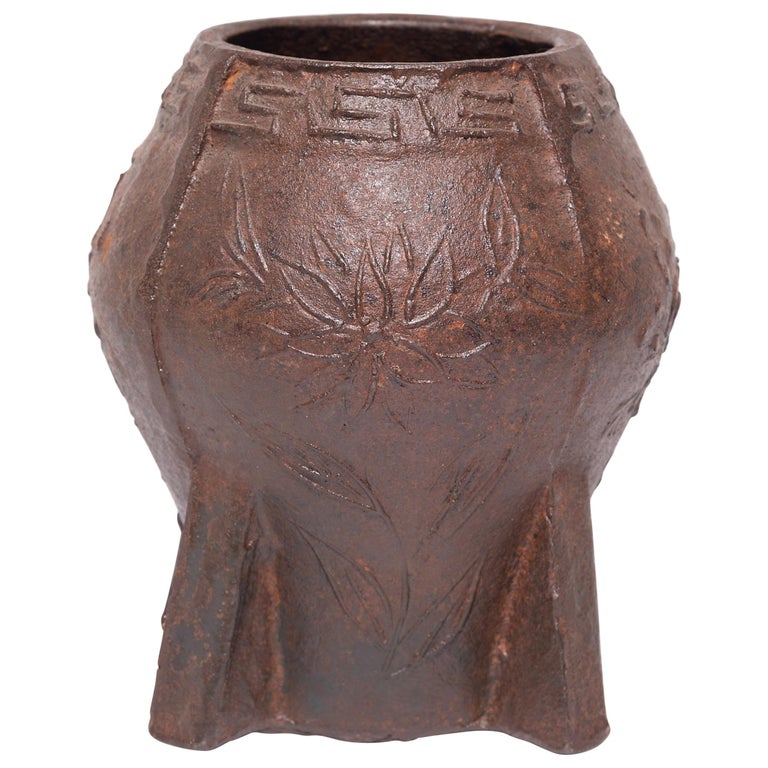 Chinese Floral Cast Iron Mortar and Pestle For Sale at 1stDibs
