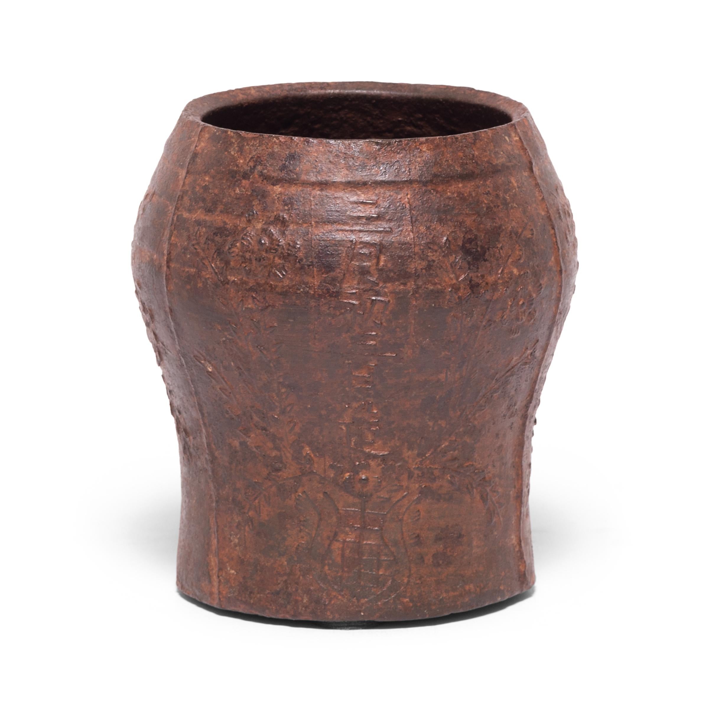 20th Century Chinese Floral Cast Iron Mortar For Sale