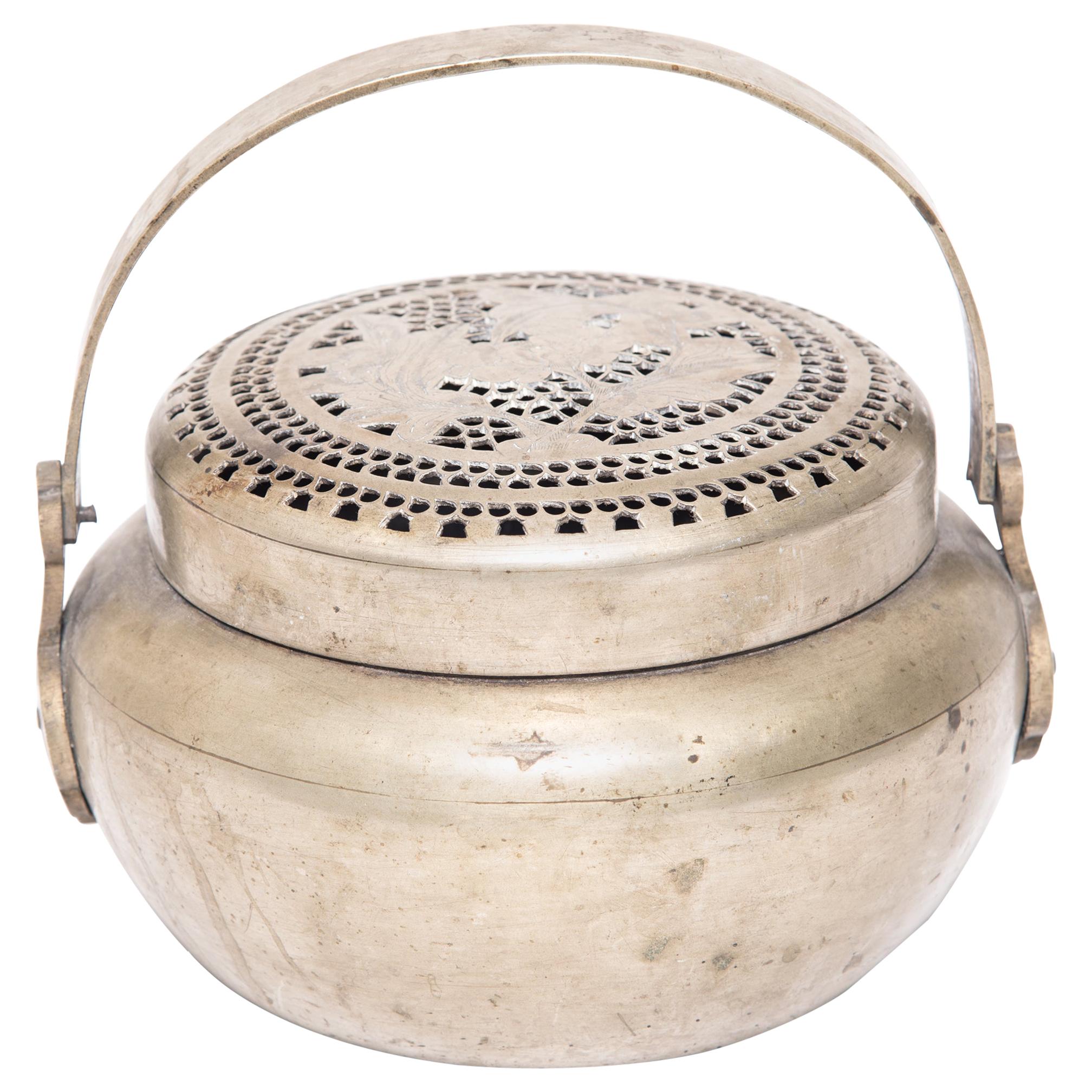 Chinese Floral Incised Brass Brazier, c. 1850 For Sale